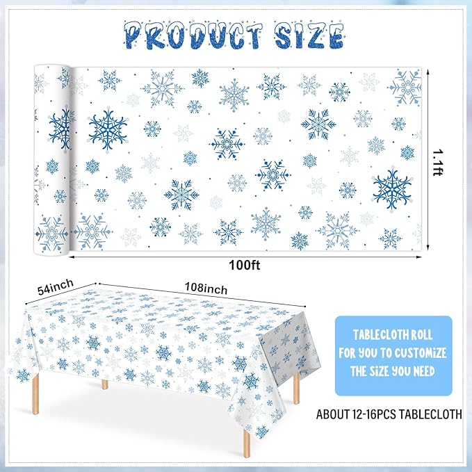 4.5x100 Feet Roll of Christmas Plastic Tablecloth Decorations,Disposable White Snowflake Blue Xmas Table Cover Photography Backdrop with Cutter Box for Winter Christmas Holiday New Year Party Supplies
