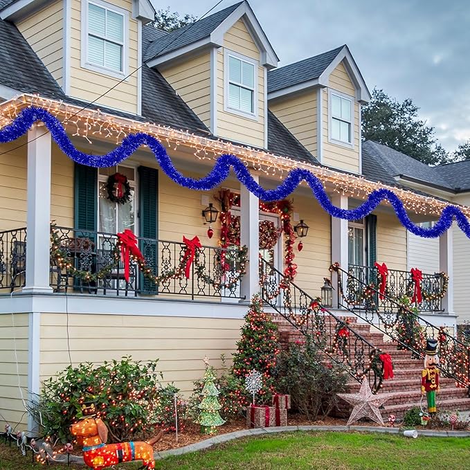 25 Feet Metallic Twist Tinsel Garland Backdrop for Parade Floats, Christmas Eve, New Year, Valentine's Day Party Decorations (Blue, 4in x 25ft)