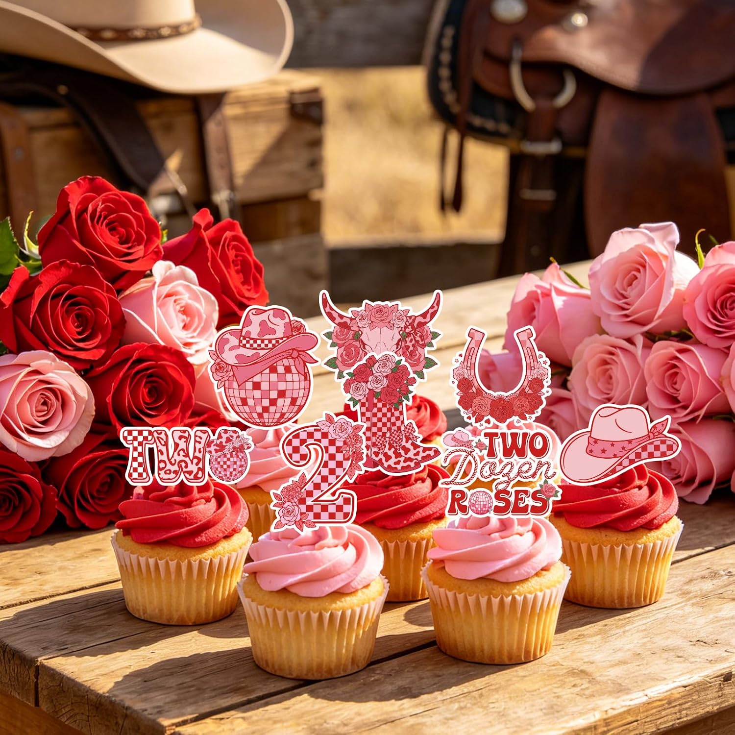 Two Dozen Roses 2nd Birthday Theme Decorations, 40PCS 2nd Birthday Cupcake Toppers Party Decorations for Girl, Pink Floral Western Cupcake Picks Table Decor Supplies
