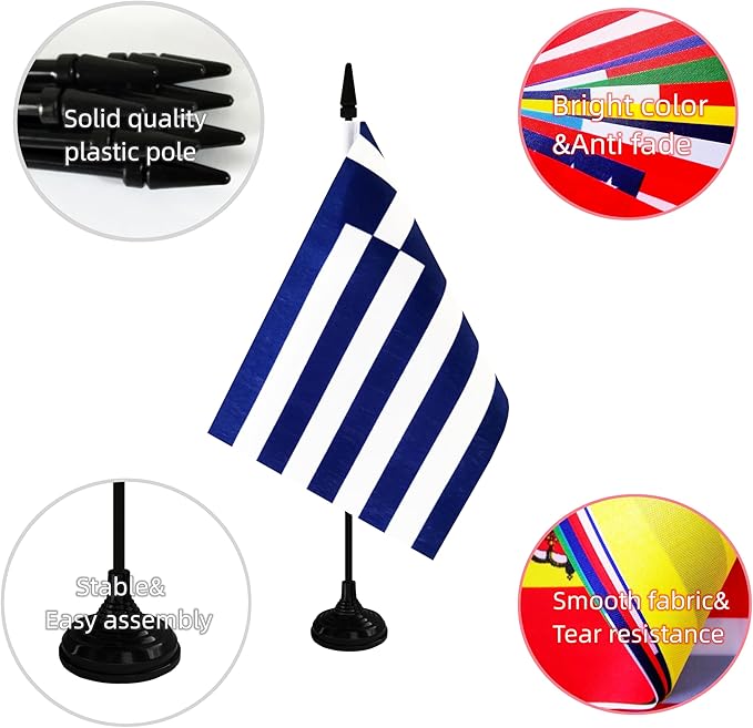 Greece Desk Flag, 12 Pack Greek Table Office Flag with Black Solid Pole and Stand Base, International Country Flag, Festival Celebration, Classroom Meeting Desktop Decor (Greece)