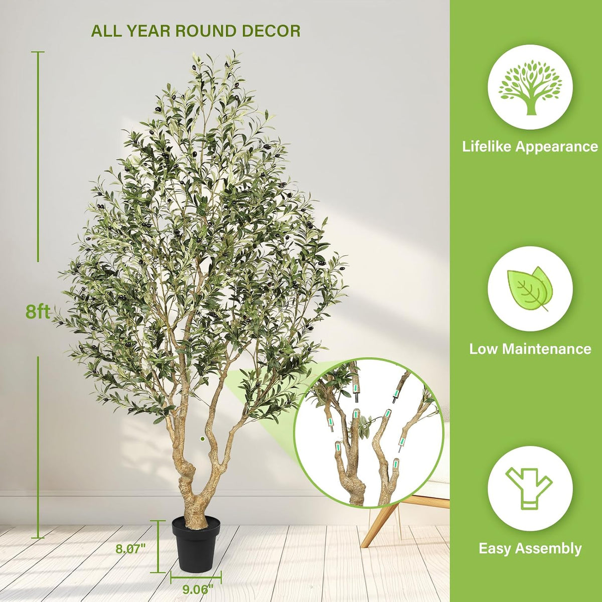 feelead faux olive tree 8ft - tall olive, close-up detail