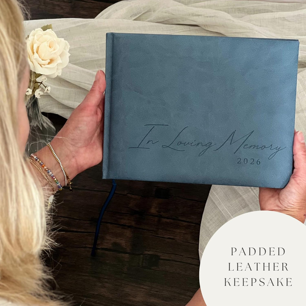 Funeral Guest Book for 2026 Celebration Of Life Memorial Service - Leather Memory Book for Funeral Guests to Sign In with Condolence Memory Table Sign & Back Pocket - Blue Guestbook