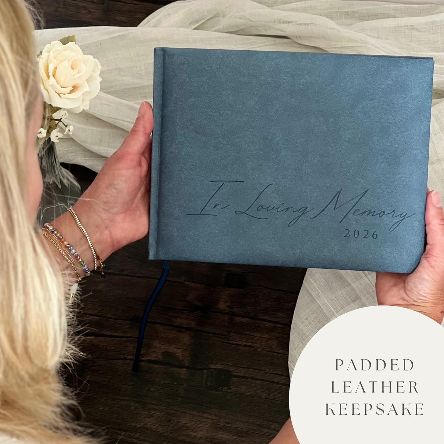 Funeral Guest Book for 2026 Celebration Of Life Memorial Service - Leather Memory Book for Funeral Guests to Sign In with Condolence Memory Table Sign & Back Pocket - Blue Guestbook