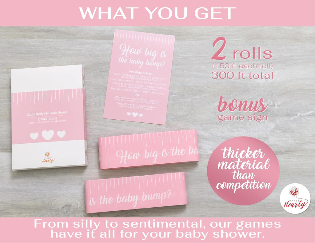 Party Hearty Baby Bump Measure Game, 2 Rolls, Baby Shower Game - Pink | 2 Inch Wide x 150 Feet Long x 2 Rolls, Sturdy but easy to tear, Fun & Easy Idea