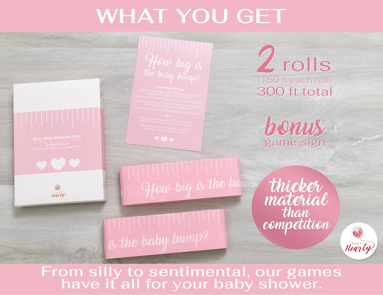 Party Hearty Baby Bump Measure Game, 2 Rolls, Baby Shower Game - Pink | 2 Inch Wide x 150 Feet Long x 2 Rolls, Sturdy but easy to tear, Fun & Easy Idea