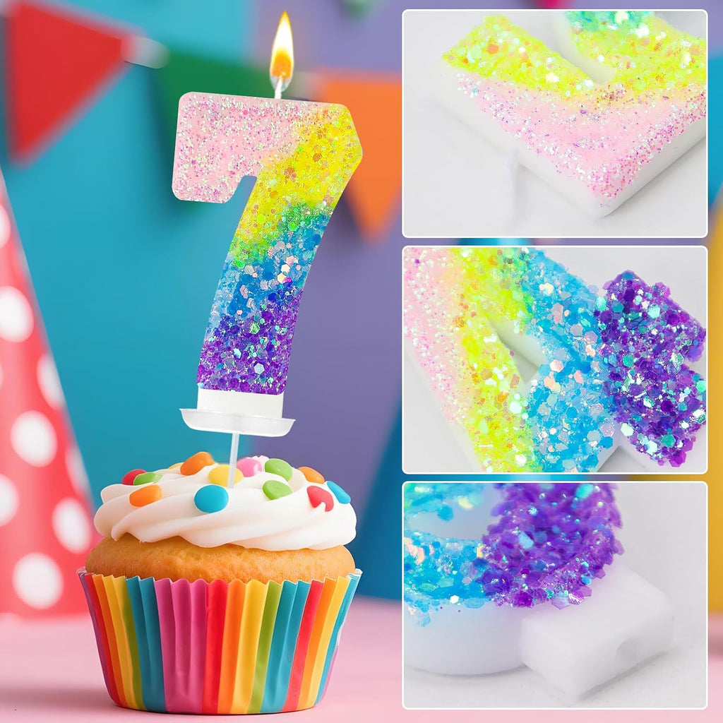Birthday Candles Pastel Macaron Glitter 3D Rainbow Number Candles for Birthday Cake Girls Women Sweet Theme Birthday Wedding Anniversary Party Cake Decoration (Number 7)