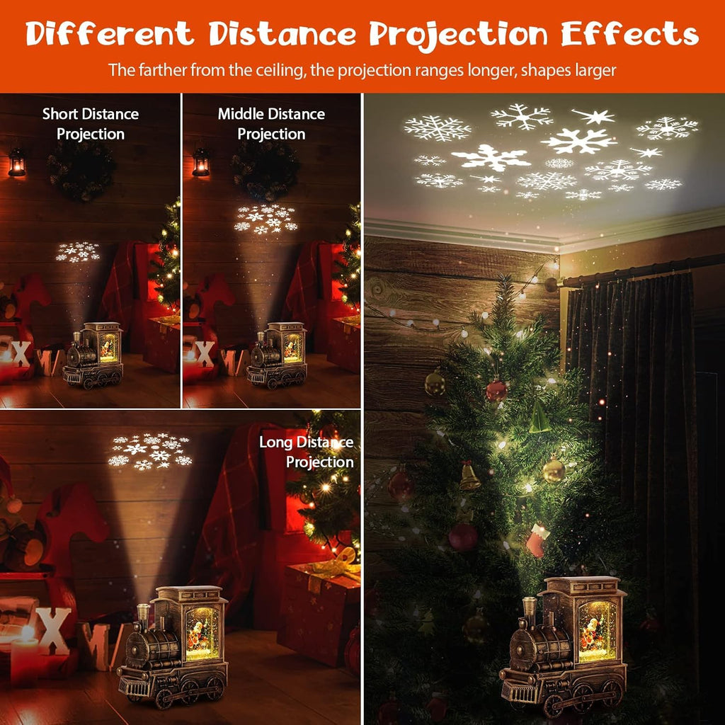 FUSPWEAO Vintage Musical Christmas Snow Globe Lantern with Snowflake Projection, Lighted Christmas Train Snow Globe with Santa, Water Swirling Glitter and 6H Timer, Xmas Gift