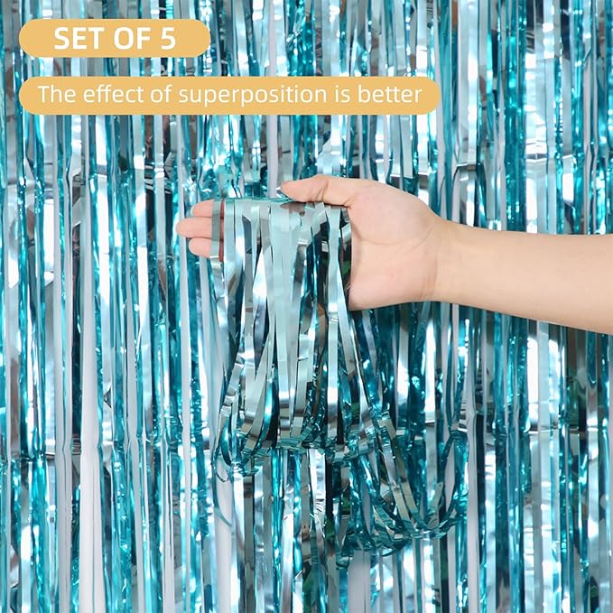 5 Pack Blue Foil Curtain Backdrop 3.2ft x 9.8ft Metallic Tinsel Foil Fringe Curtains Streamer Photo Booth Backdrop for Birthday Party Engagement Bachelorette Party Decorations (Light Blue)