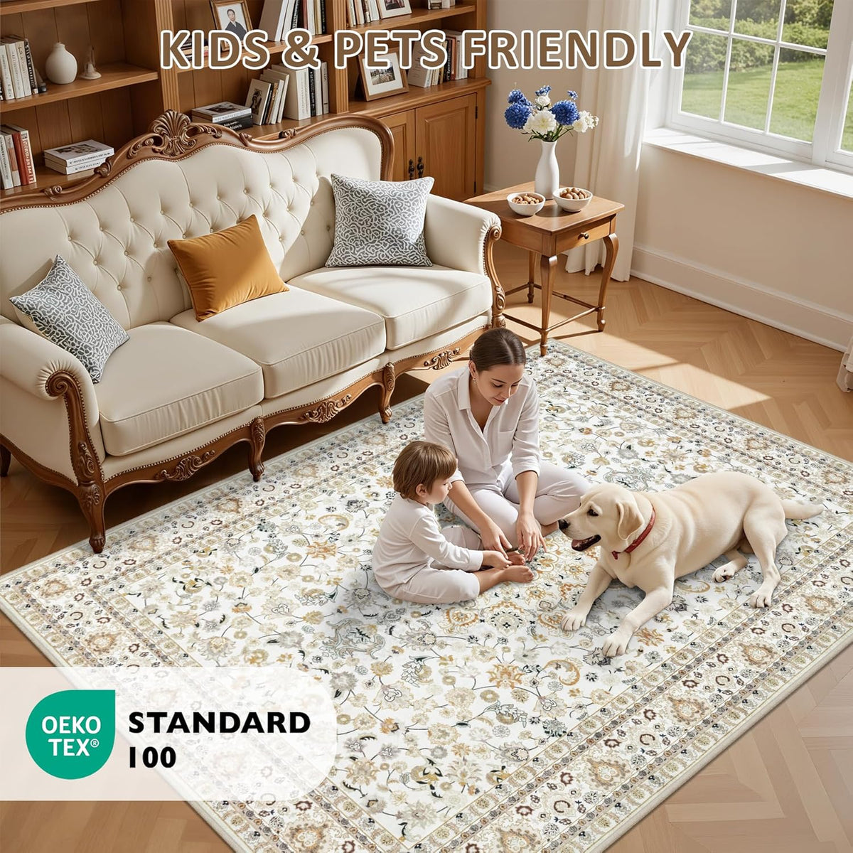 5x7 Area Rugs Living Room: Washable Vintage Rug for Bedroom Beige