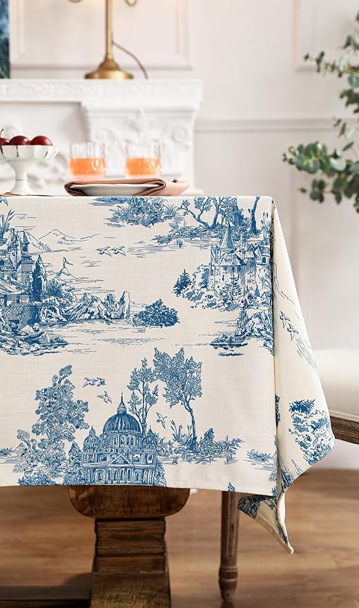 patdrea Designer Vintage Cyan Extra Long Tablecloth for Rectangle Table,Linen Ancient Castle and Manor Pattern Tablecloths,Decor for Kitchen Dining Christmas,Thanksgiving,63"x110"-Lucerne a