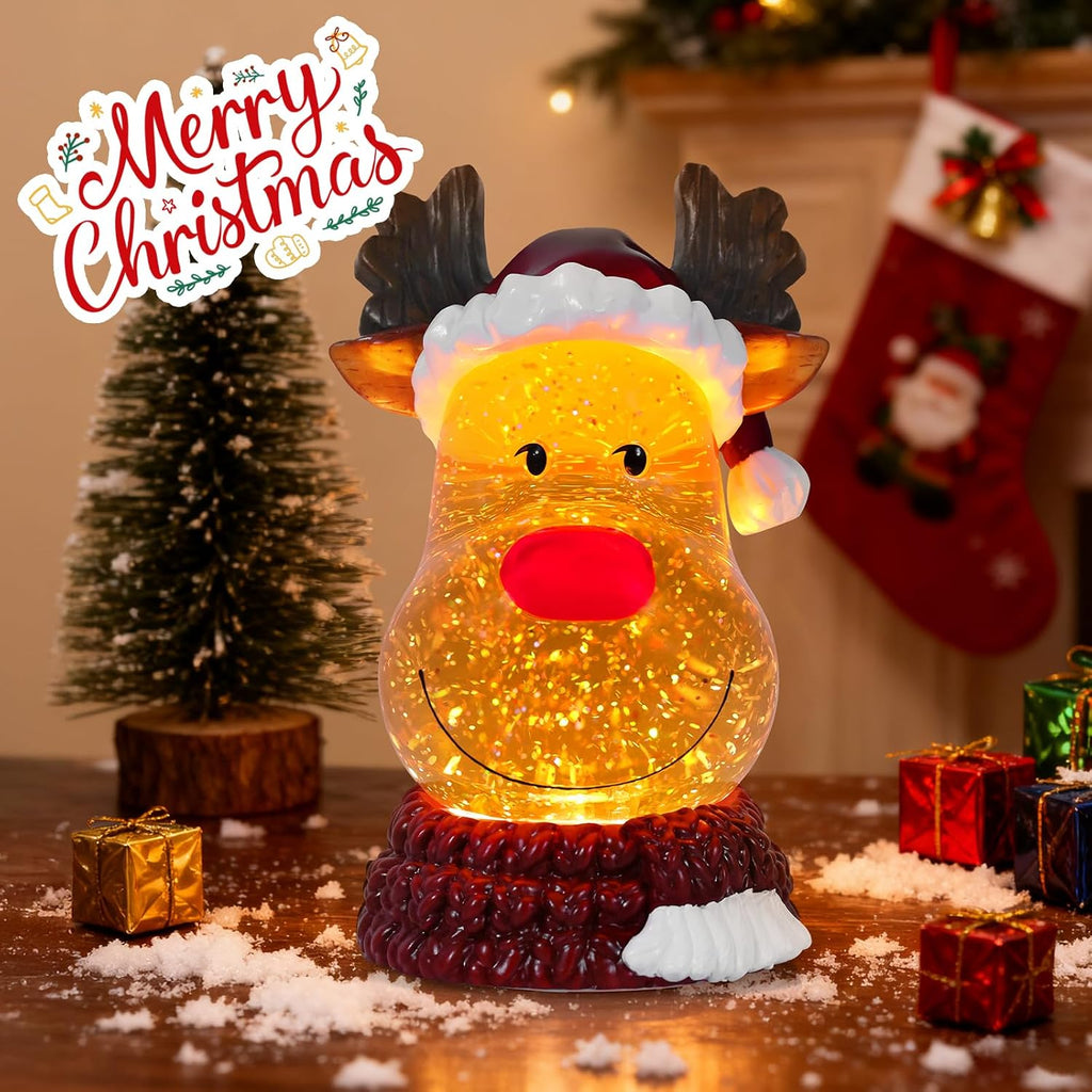 Christmas Snow Globe Reindeer Lighted Musical Glitter Globe Battery Operated or USB Powered with Timer Water Glittering Snowing Globe for Christmas Party Home Table Decorations Gifts (Reindeer)