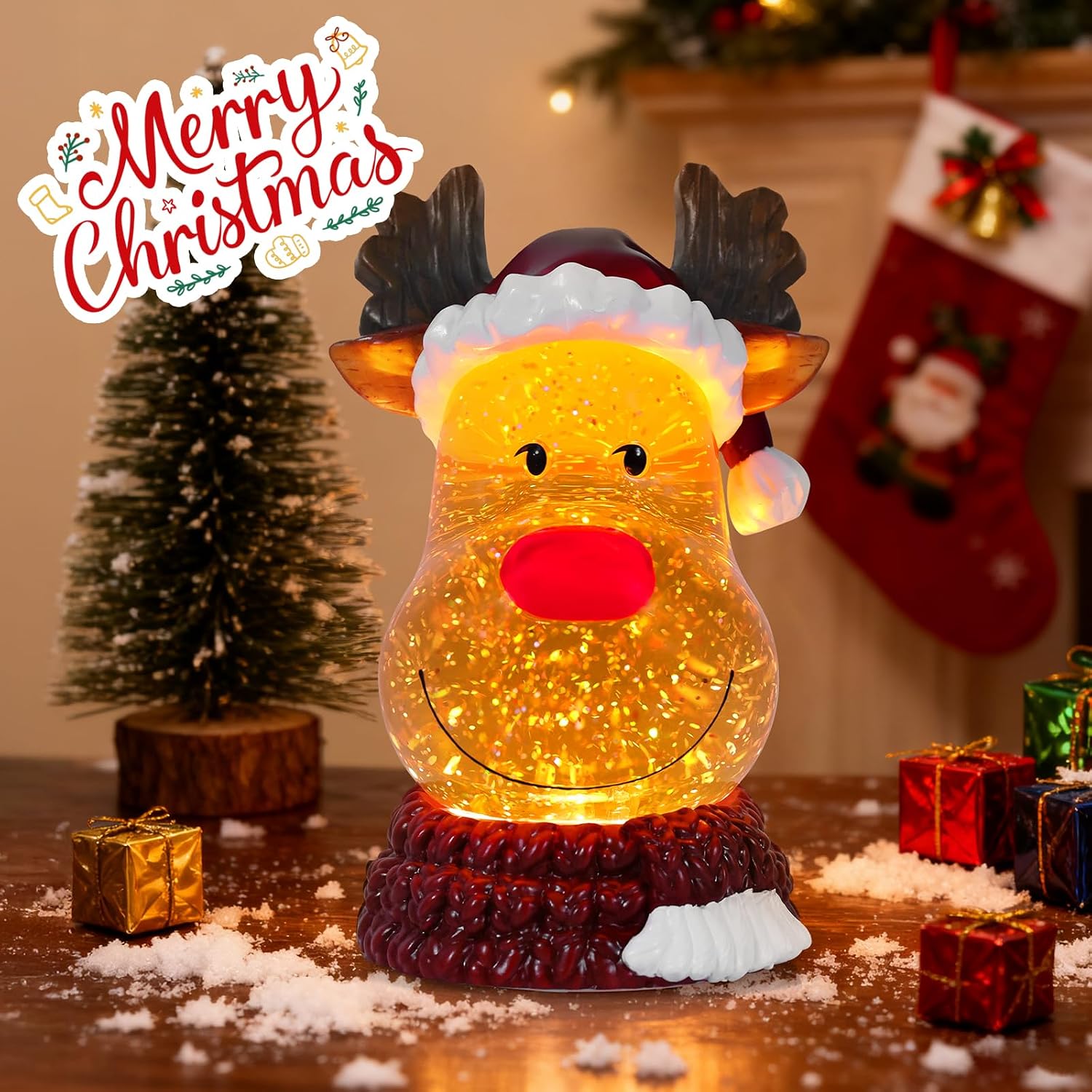 Christmas Snow Globe Reindeer Lighted Musical Glitter Globe Battery Operated or USB Powered with Timer Water Glittering Snowing Globe for Christmas Party Home Table Decorations Gifts (Reindeer)