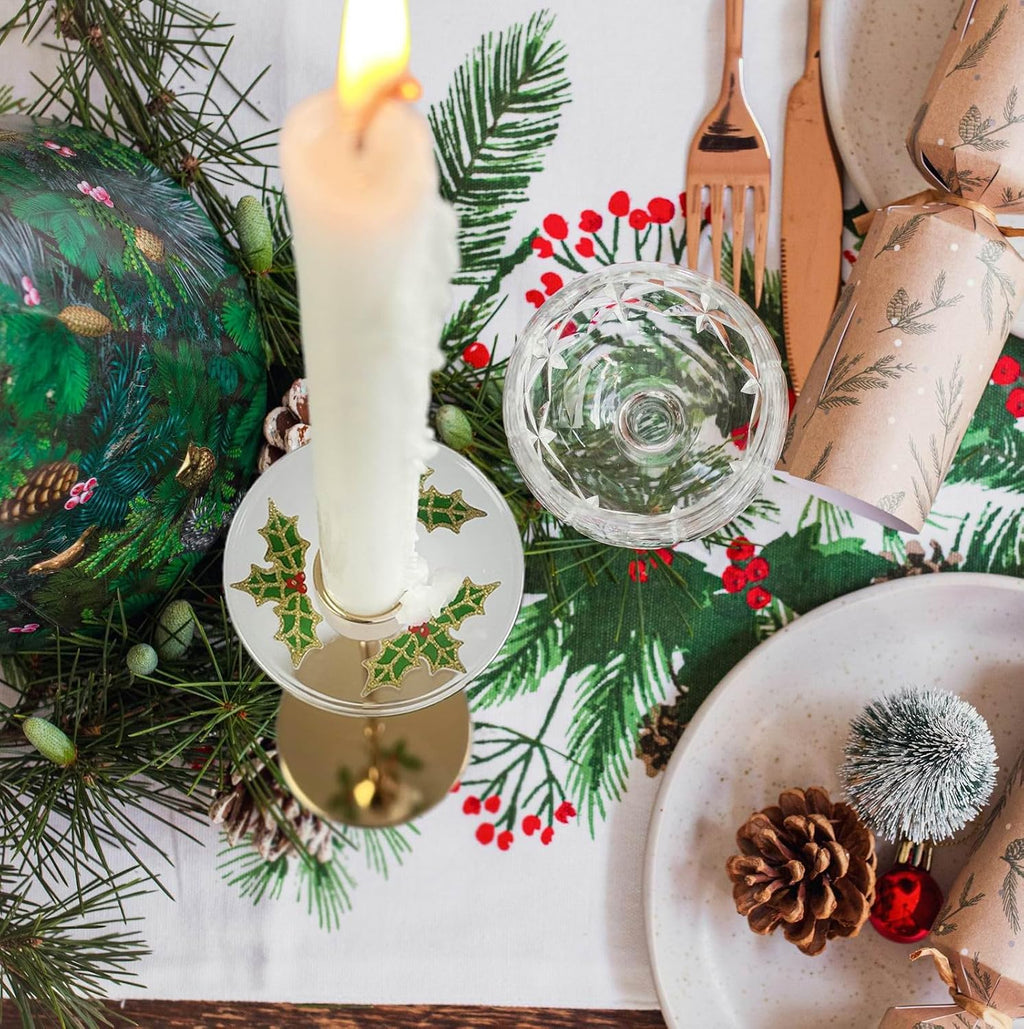 4 Pieces Patterned Glass Bobeches for Candlestick Holder, Christmas Holly Design, Candle Drip Protector Guard, Wax Catcher Ring Accessories (Christmas Holly)