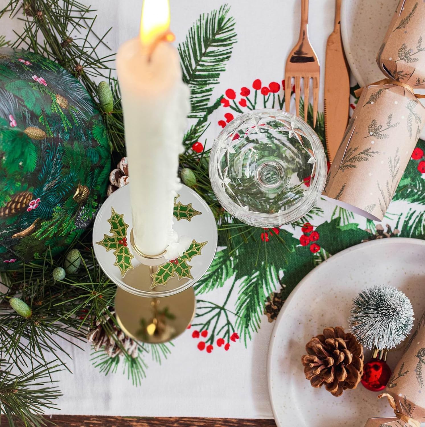 4 Pieces Patterned Glass Bobeches for Candlestick Holder, Christmas Holly Design, Candle Drip Protector Guard, Wax Catcher Ring Accessories (Christmas Holly)