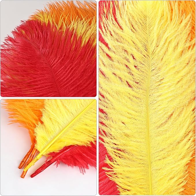 THARAHT Red Orange Yellow Ostrich Feathers 12pcs Natural Bulk 8-10Inch 20cm-25cm for Crafts Wedding Party Centerpieces Halloween and Home Decoration Feathers