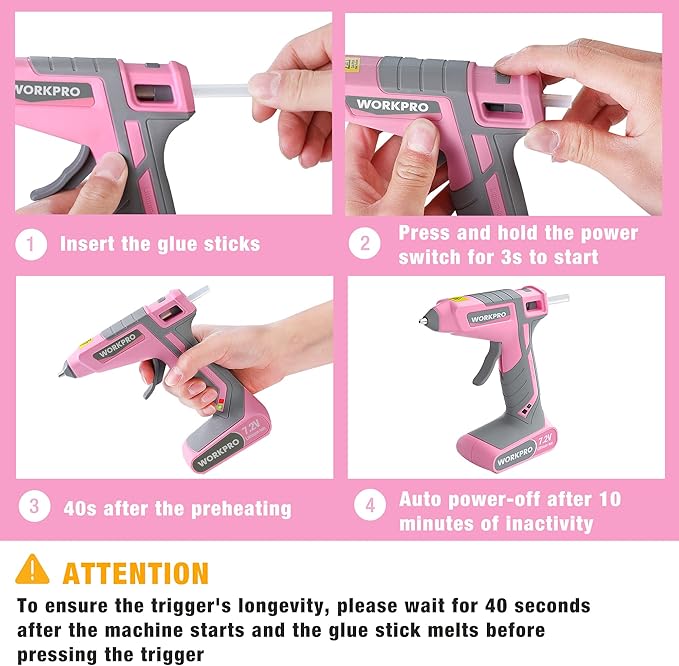 WORKPRO Pink Cordless Hot Melt Glue Gun, 7.2V Rechargeable Fast Preheating Glue Gun Kit with 20 Pc Premium Mini Glue Stick, Automatic-Power-Off Hot Glue Gun for Art, Craft, Decoration - Pink Ribbon