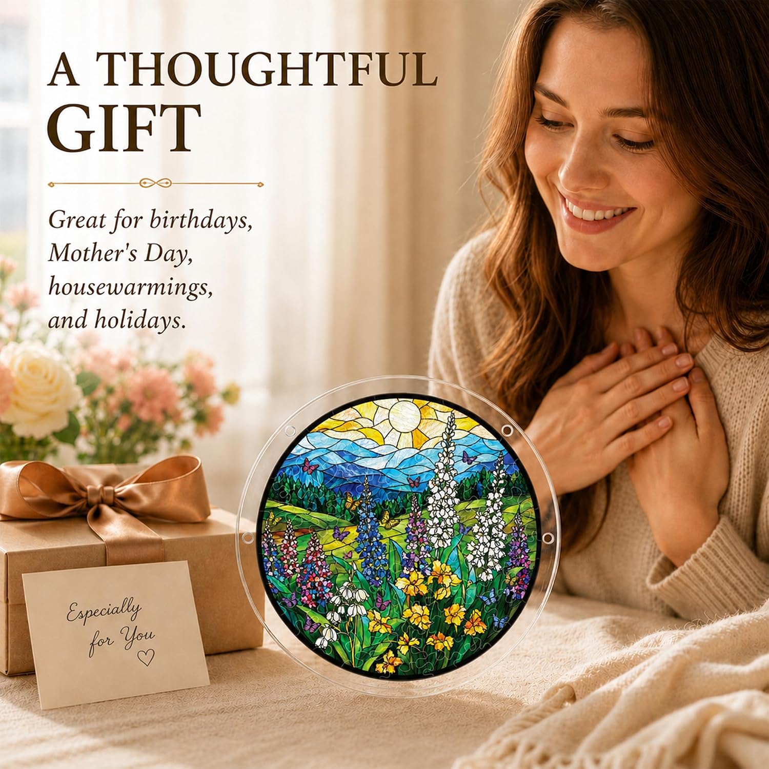 8.9 Inches Wildflower Puzzle Suncatcher, Sun Catcher Puzzle Gift for Women