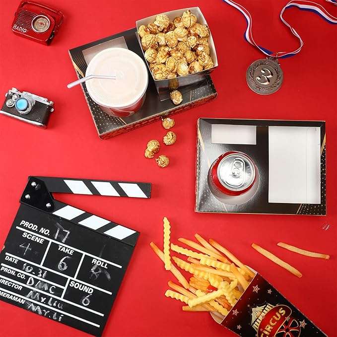 Faccito 36 Pcs Movie Night Snack Trays Movie Theater Snack Boxes Night Supply Disposable Paper Holder Tray for Popcorn Food Candy Drink Party 8 x 6 Inch(Black Gold,Cute Style)