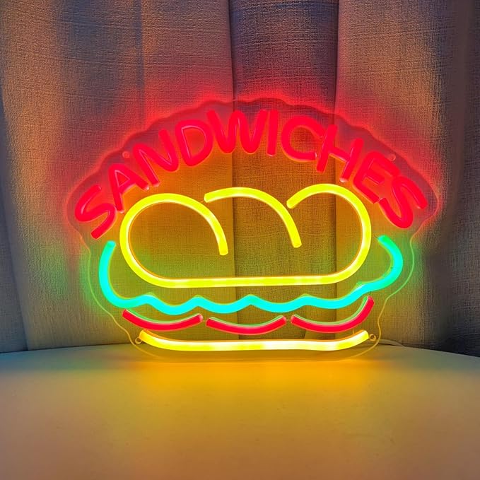 Sandwiches Neon Sign Sandwich Sign Food Neon Signs for Wall Decor, Sandwich Decorate for Home Kitchen Restaurant Store Fast Food Man Cave Party Decor, 12.9" x 9.2"