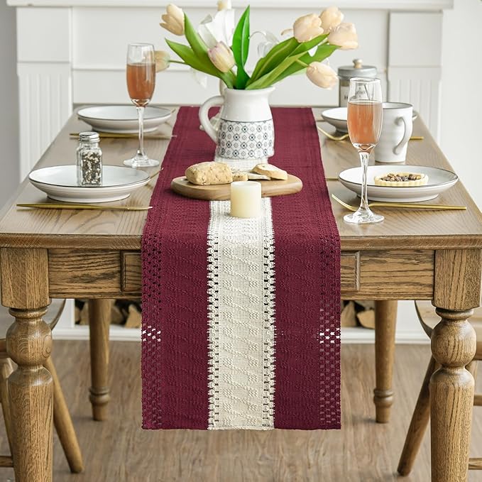 Artoid Mode Red Farmhouse Rustic Table Runner, Seasonal Hollow Kitchen Dining Table Decoration for Home Party Decor 12x120 Inch