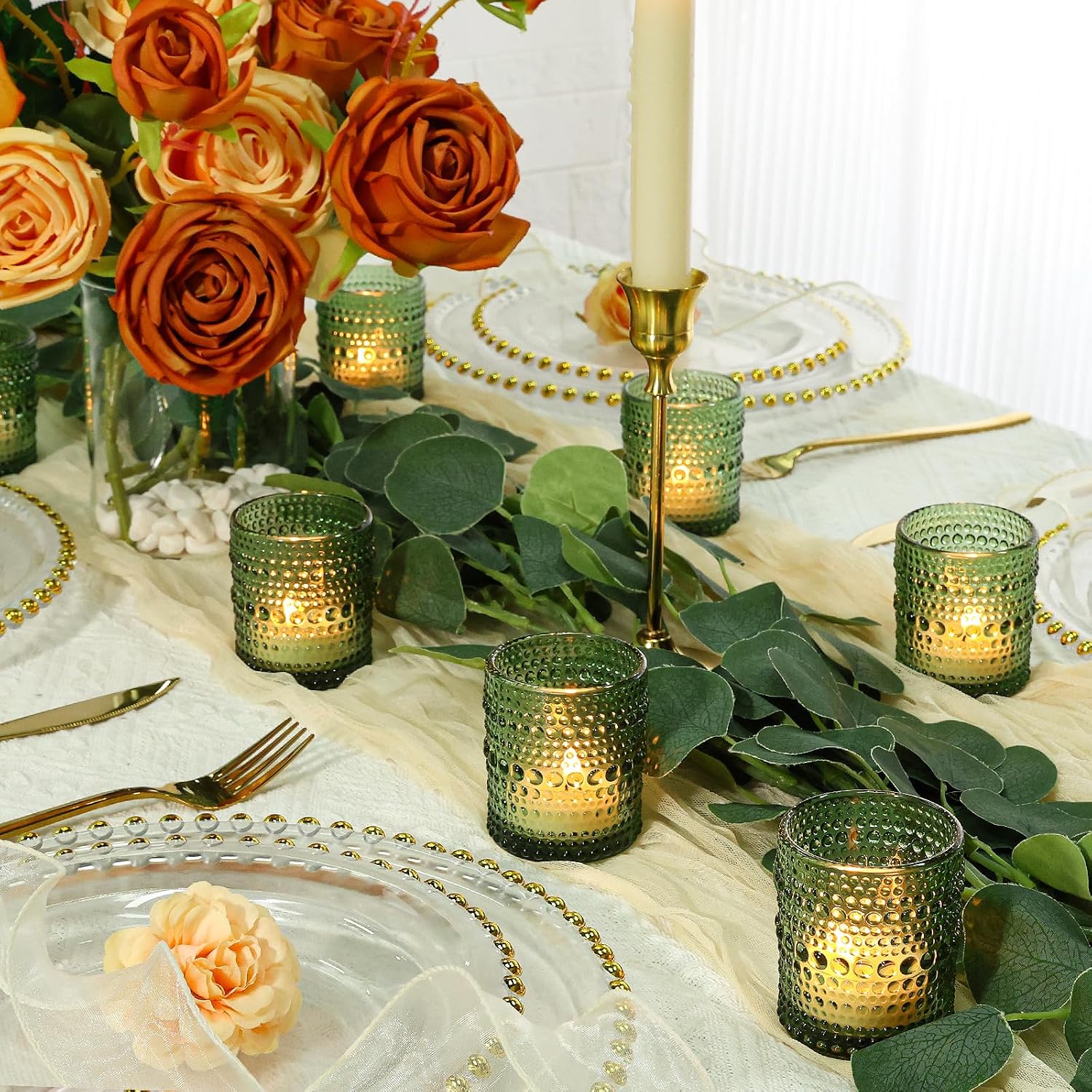 SUPMIND 24 Pcs Votive Candle Holders, Glass Holders Bulk for Table Centerpiece, Tea Lights Candle Holders for Wedding Shower, Party and Home Decor Green
