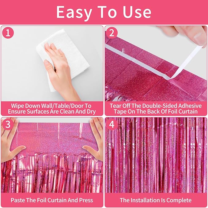 Picoway 4 Pack Pink Foil Fringe Tinsel Backdrop Curtains, Birthday Engagement Bachelorette Party Decorations, Photo Booth Props Door Streamers Curtain