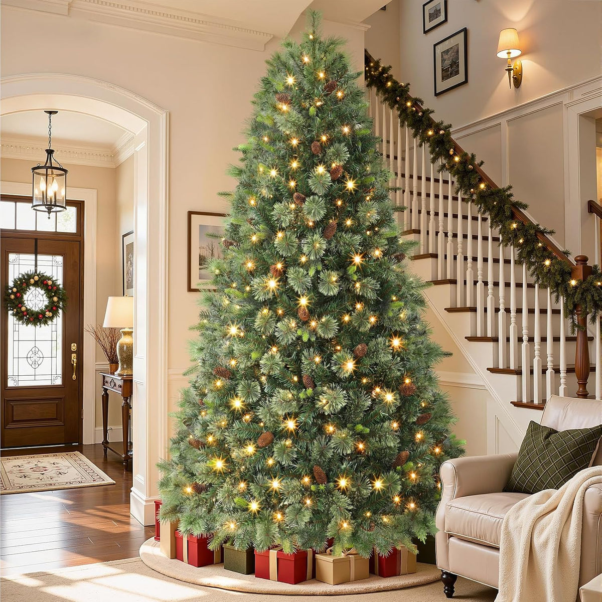 6.5ft artificial prelit pre-decorated christmas tree with remote showing dimensions