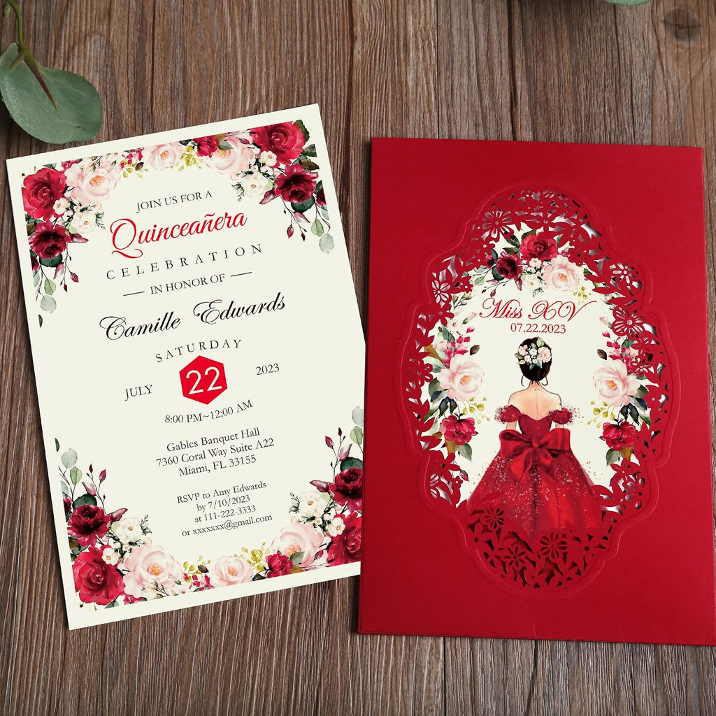 DORIS HOME 50Pcs Personalized Laser Cut Wedding Invitations, Red | 5"x7.3", Customized Quince Invitations, For 15th Birthday, Sweet 16, With Envelopes