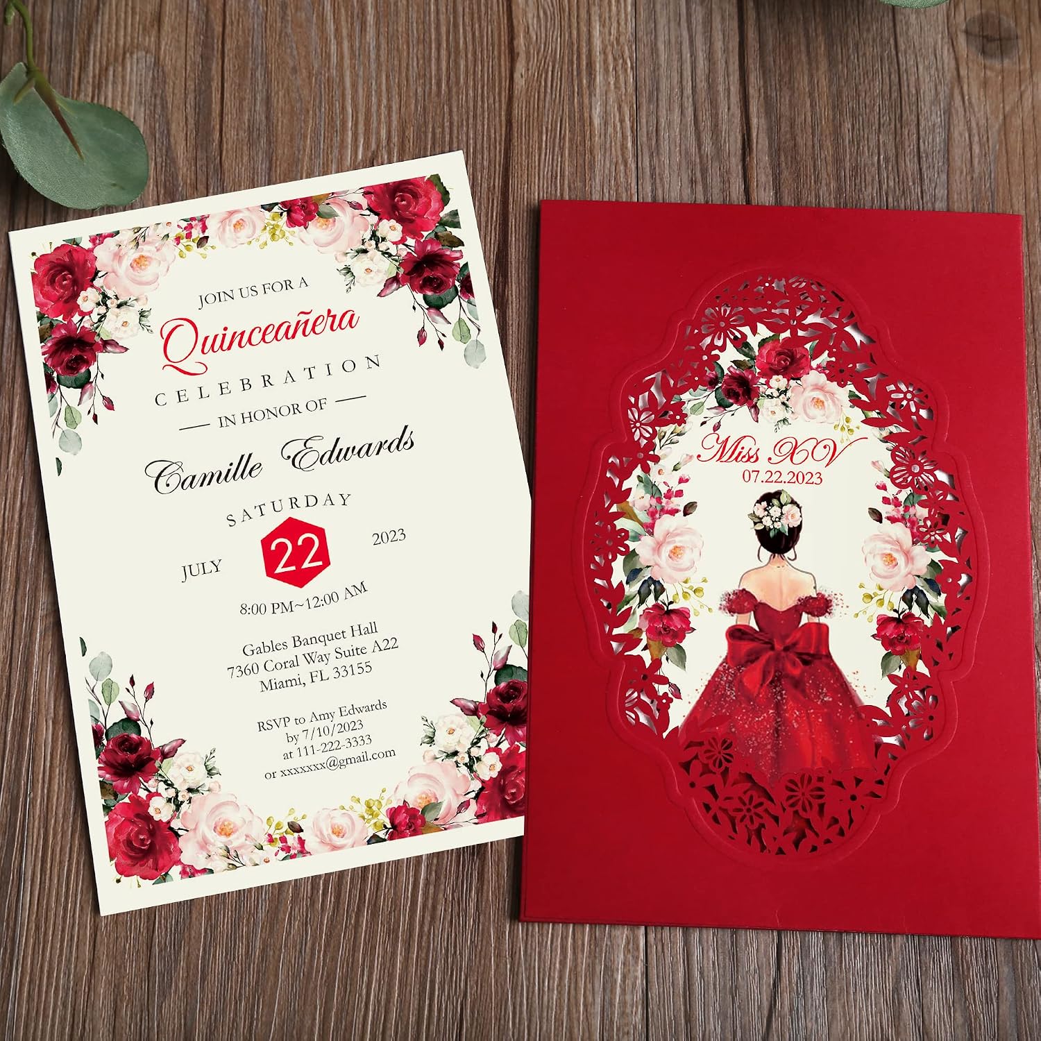 DORIS HOME 50Pcs Personalized Laser Cut Wedding Invitations, Red | 5"x7.3", Customized Quince Invitations, For 15th Birthday, Sweet 16, With Envelopes
