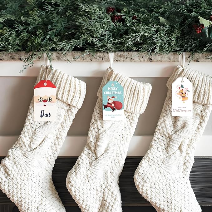 50pcs Custom Merry Christmas Gift Tags Personalized with Your Family Name and Year, Unique Santa Christmas Tree Design Hangtag Party Decorations (Rectangle Tag)