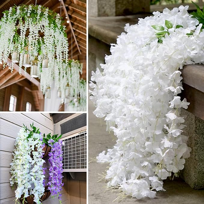 5 Pack White Wisteria Hanging Flowers Garland, 3.77 Feet Artificial Flower Vines, Fake Wisteria, Artificial Vines Hanging Garland for Backdrop Outdoor Yard Garden Decor