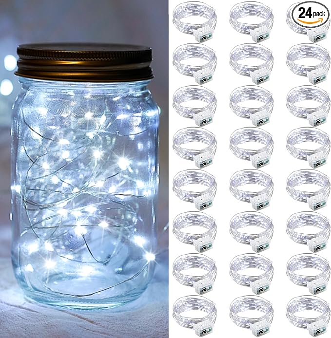 24 Pack White Fairy Lights 7Ft 20 LED Twinkle String Lights 3 Modes Battery Operated Waterproof Firefly Starry for Mason Jar Party Wedding Christmas Valentines Day Table Centerpieces,Cold White