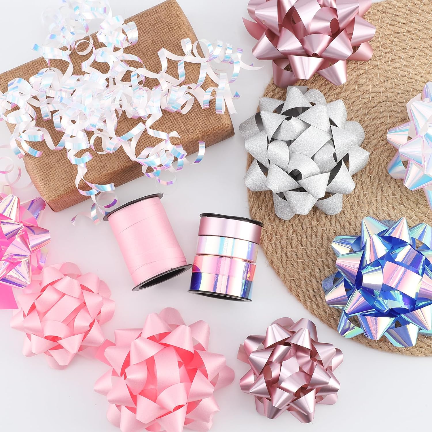 DYSHIPEN 16 Pcs Gift Bows,Bows for Gift Wrapping and Presents,2 Crimped Curling Ribbons,2 Curly Bows,Christmas Bows,for Parties, Birthdays, Weddings. (Pink, 3.5in+2.5in)