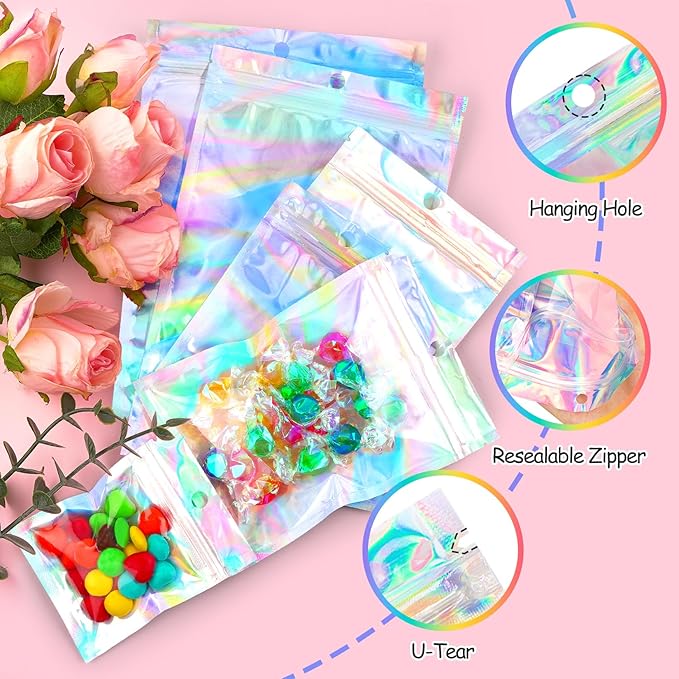 Funfery 100 pcs Mylar Holographic Bags Clear Resealable Baggies,Foil Baggy with Zipper,Seal Pouch Smell Proof Packaging Bags for Food Storage,Candy,Party Favor Sample Business Supplies(5.5x7.9in)