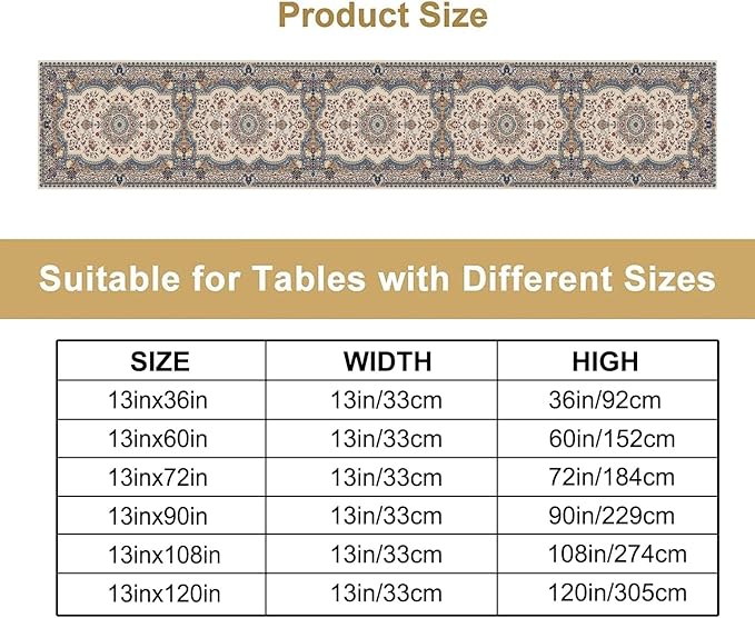 Boho Bohemia Style Table Runner, Vintage Blue Teal Gold Retro Flower Rustic Country Style Floral Print Pattern for Home Kitchen Table Decor Dining Coffee Room Garden Party Decor 13x72in
