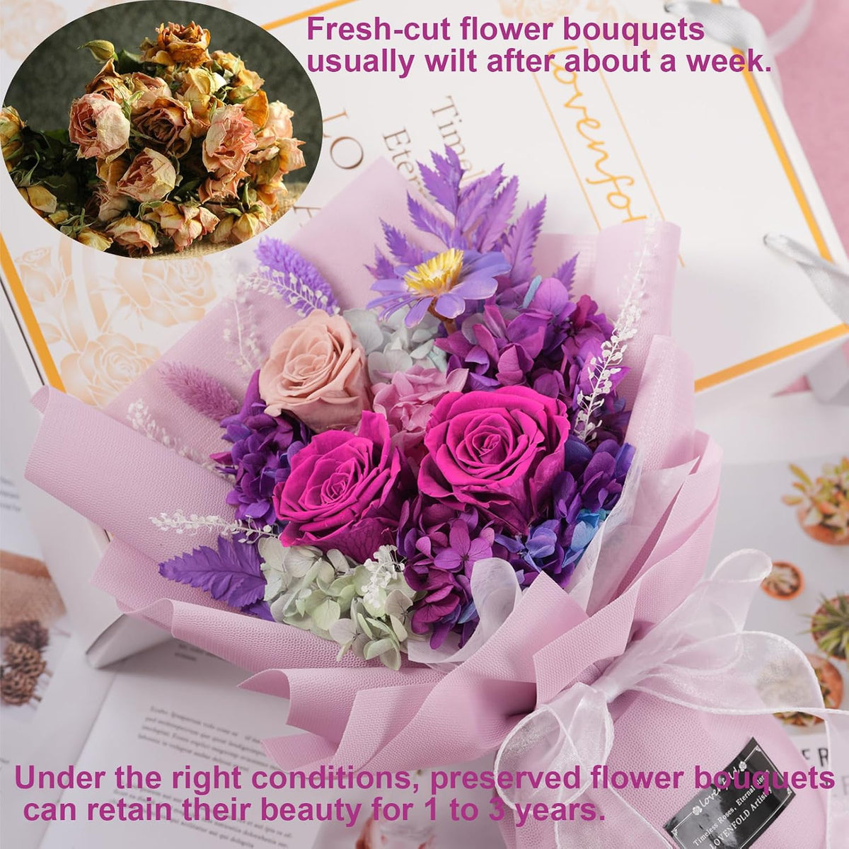 lovenfold preserved flowers for delivery, purple rose bouquets, close-up detail