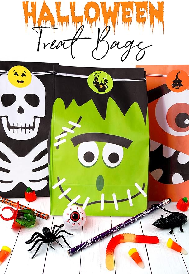 90PCS Halloween Treat Bags Party Favors - Trick or Treat Candy Goodie Gift Bag Stuffer Filler Paper Supplies Decorations with 90 Stickers