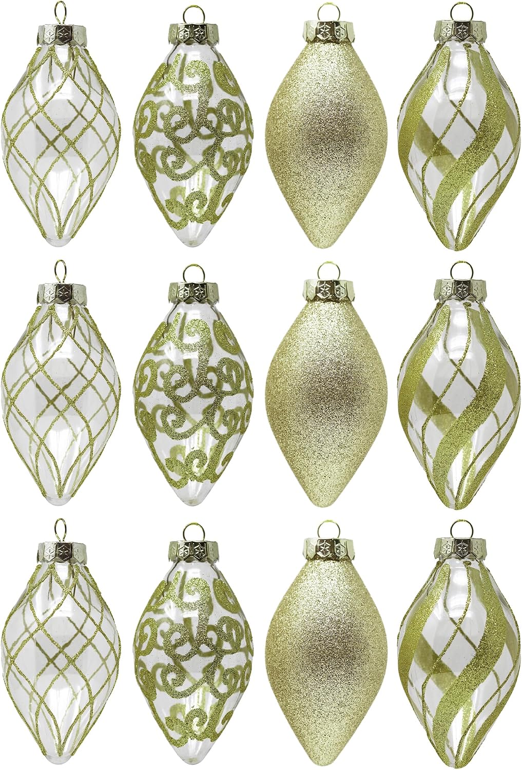Gold Christmas Ornaments Set for Tree Decorations, Teardrop Finial | Large Gold Teardrop Pendant Tree Ornaments, Shatterproof Xmas Drop Decorations, Assorted Styles, 4in, 12-Piece Set