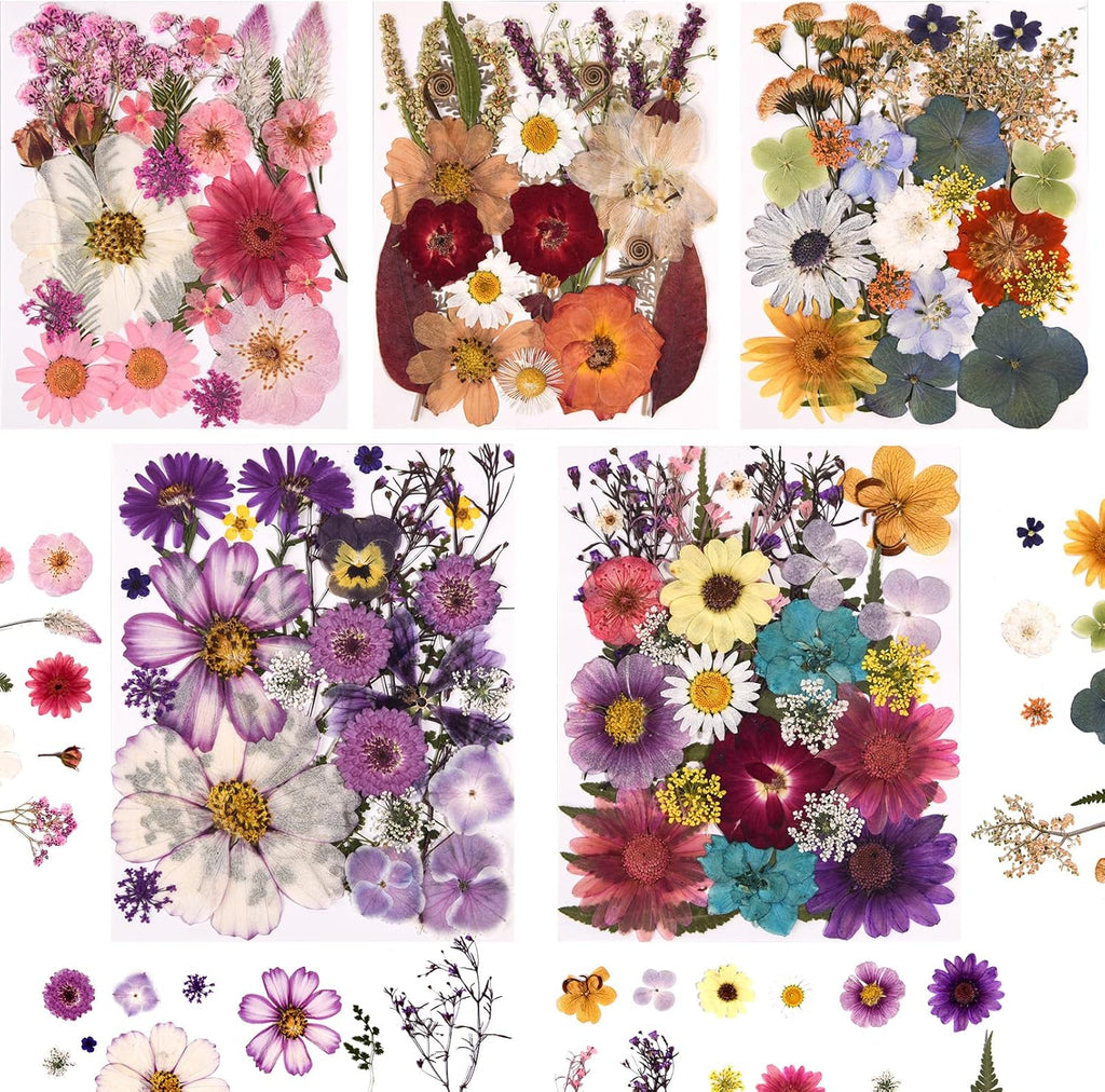 5 Packs of 140 Pressed Dried Flowers and Leaves for Resin | Assorted Real Natural Dry Flowers with Tweezers For DIY Crafts, Jewelry, Card Making, Soap,Candles, Nail Art, Scrapbooking