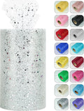 Glitter Tulle Rolls, 6” by 50 Yards (150FT) Sparkling Tulle Spool Ribbon Sequin Tulle Netting Fabric for Tutu Skirt Wedding Birthday Baby Shower (White)