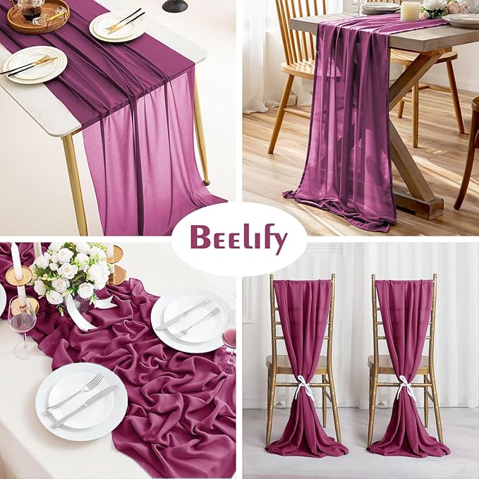 2 Pack 10 Ft Chiffon Table Runner Fuchsia Gauze Long Table Runners 27x120 Inches Sheer Tulle Table Runner for Rustic Wedding Reception Bridal Shower Decorations Birthday Party