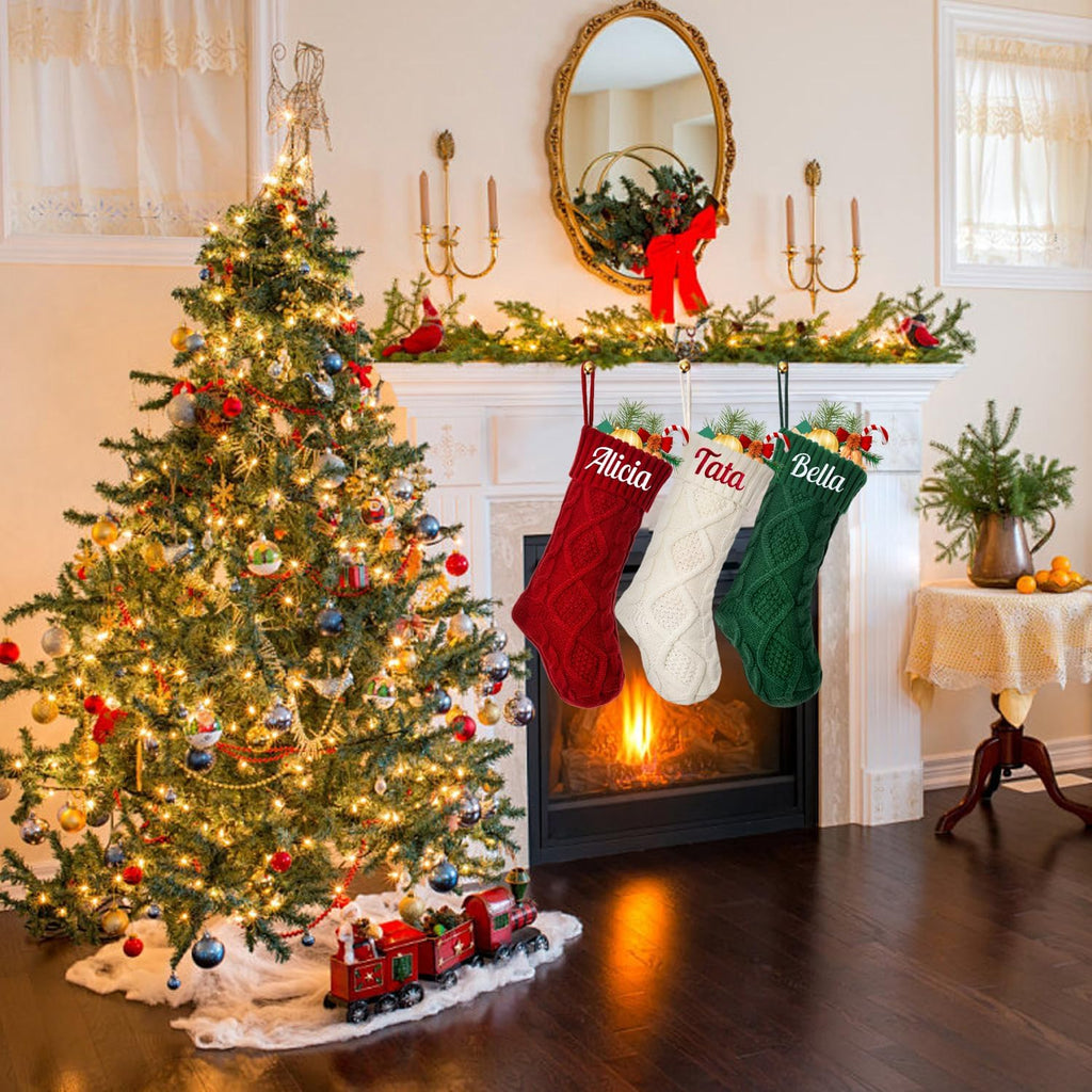 Personalized Christmas Stocking，Custom Name Family Christmas Stocking, 18” Large Knitted Xmas Stocking for Kids,Holiday and Family Stocking for Fireplace Christmas Holiday Party Decoration (1 pcs)