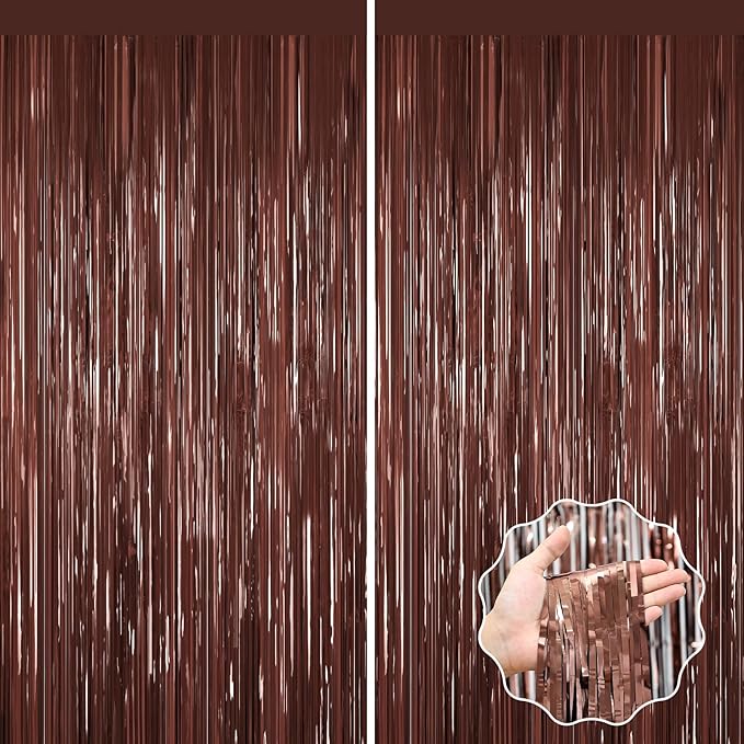 Coffee Brown Metallic Tinsel Backdrop Foil Fringe Curtains 2Packs Door Streamers Backdrop for Birthday Door Decorations, Party Supplies for Bachelorette, Graduation, Christmas Disco Groovy Decors