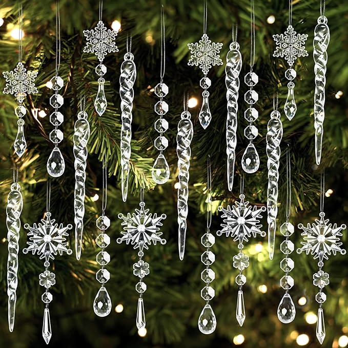 40pcs Christmas Ornaments Set for Tree Decorations- Hanging Acrylic Crystal Snowflake Christmas Decorations Icicle Drop Ornaments for Winter Christmas Tree New Year Party Supplies