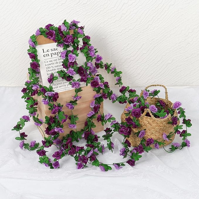 KHOYIME 18 Pack 144 FT Artificial Flower Garland, Fake Purple Roses Vines Silk Flowers Faux Plastic Outdoor Hanging Floral Ivy Garland Decoration for Wedding Arch Bedroom Home Wall Backdrop Room Decor
