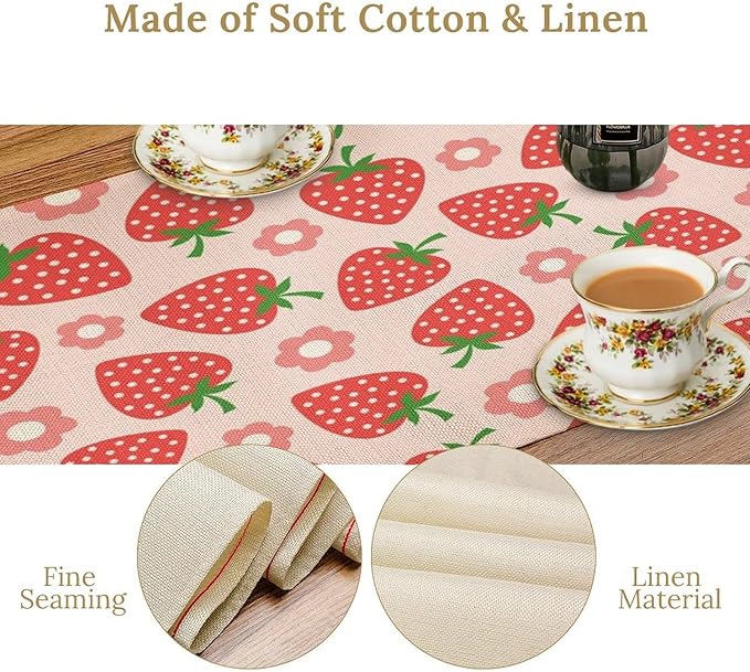 Strawberry Table Runner Spring Summer Fruit Pink Berry Forest Garden Dinner Runner for Girl Baby Shower Party Holiday Home Kitchen Dining Table Decor 13x60