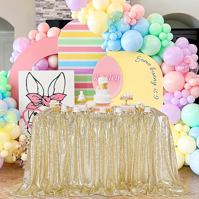 QueenDream Light Gold Tablecloth Party Decorations: Sequin Fabric Cover Drapes 60x102 Inch Tablecloth 16st Birthday Cake Table Graduation Decor