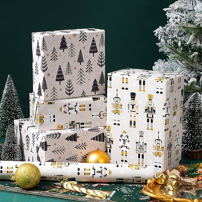 Ulmasinn Reversible Christmas Wrapping Paper Roll - 17" x33ft Double-Sided Designs with Luxury, Gold Nutcracker & Minimalist Black Forest, Xmas Gift Wrap for Presents, Table Decor & Crafting