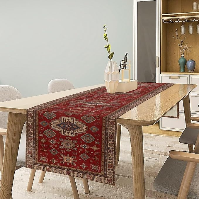 Boho Floral Vintage Table Runner, Retro Red Brown Flower Rustic Country Farmhouse Abstract Pattern for Home Kitchen Table Decor Dining Coffee Room Party Decor 13x36in