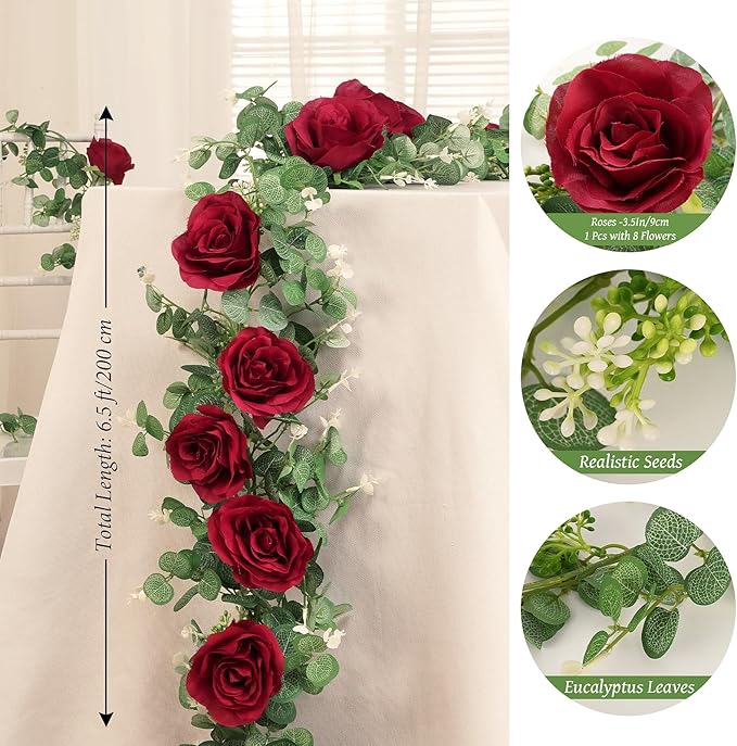 Dolicer 2Pcs 13Ft Artificial Eucalyptus Garlands with Flowers - 8 Roses, Faux Floral Greenery Garlands Fake Flowers Vines for Wedding Table Centerpieces Arch Party Ceremony Backdrop Decor (Red)